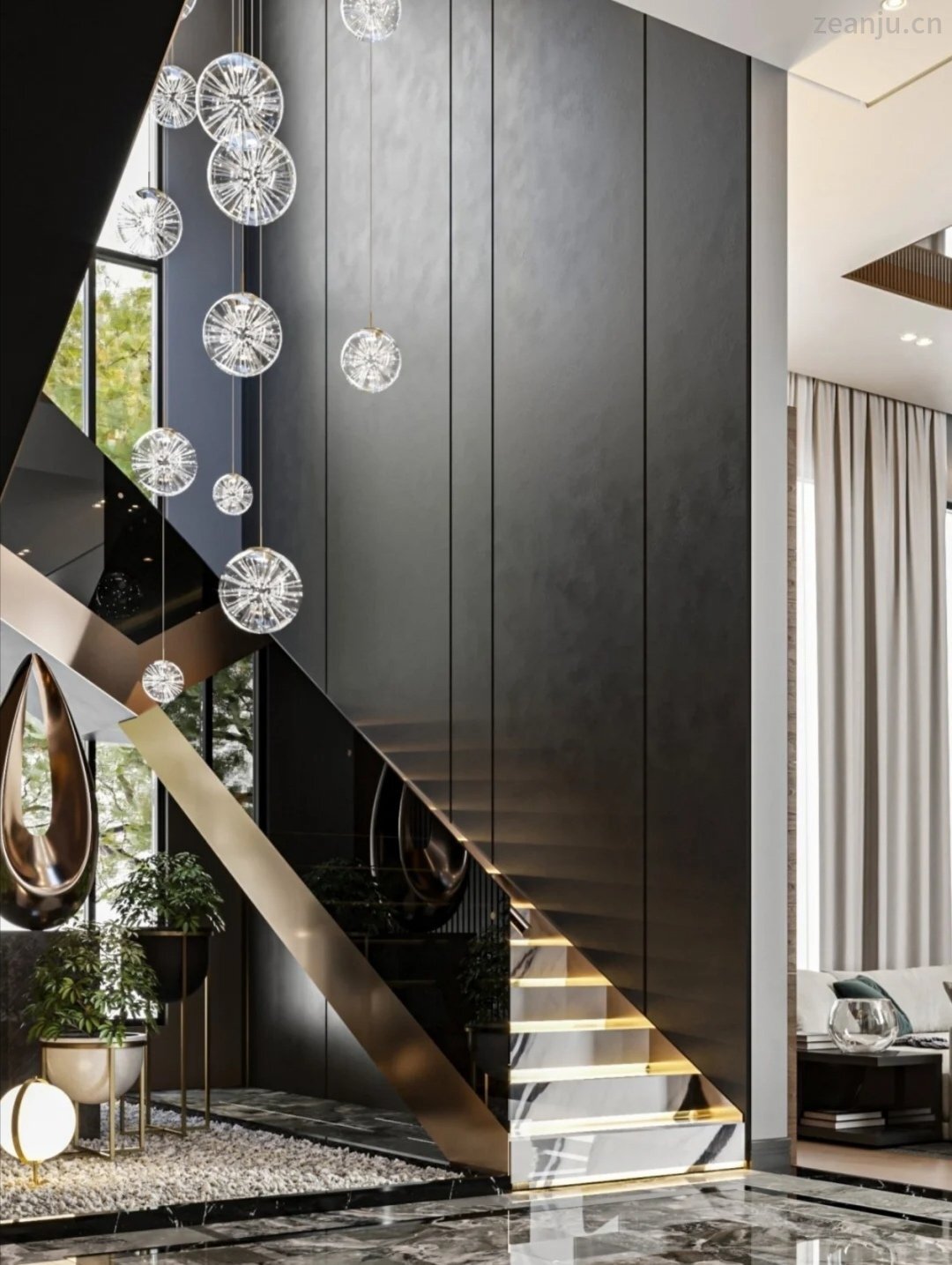 不銹鋼扶梯、不銹鋼線條點綴別墅裝飾高級美